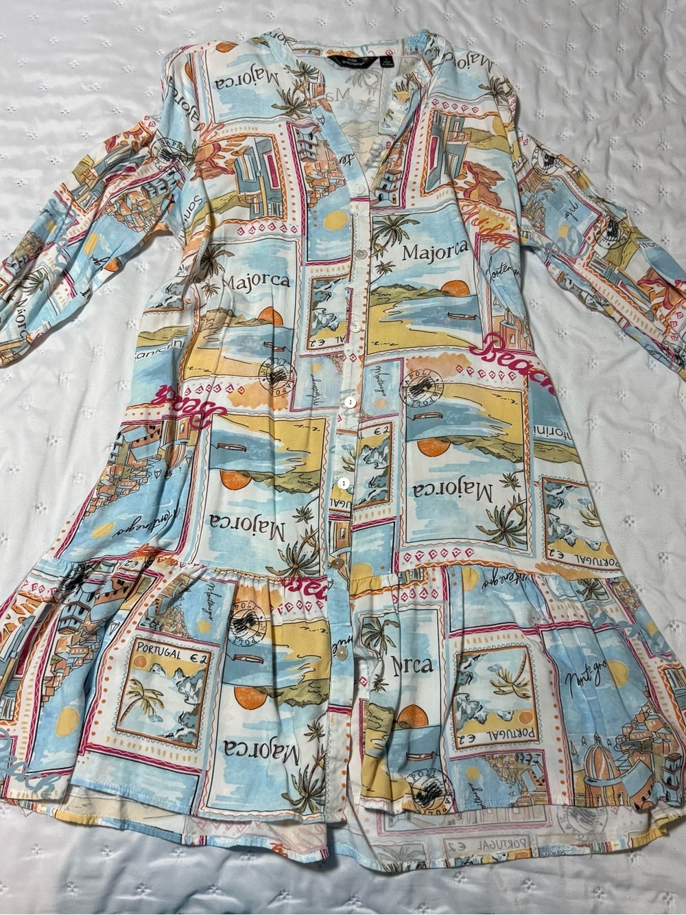 Mlle Gabrielle Pastel Blue & Sand Postcard-Print Button Dress